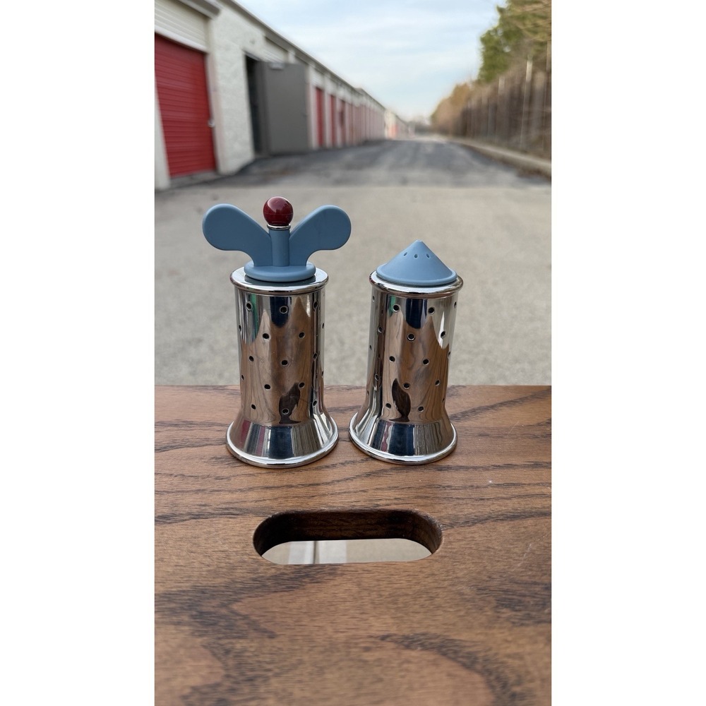 Alessi Salt Pepper Shaker Set Blue Tops INOX 18/10 Italy Stainless Steel